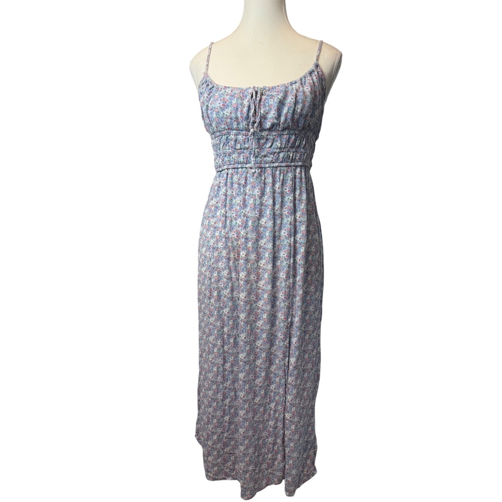 Aeropostale Large Blue Floral Smocked Maxi Dress Side‎ Slit Cottage Trad Summer